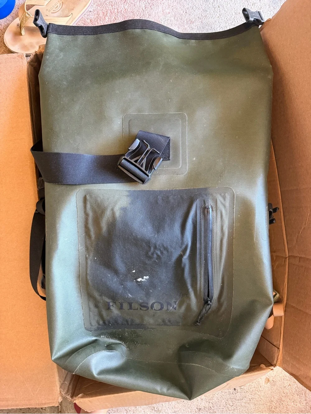 Filson Olive Green Roll-Top Backpack with Black Accents